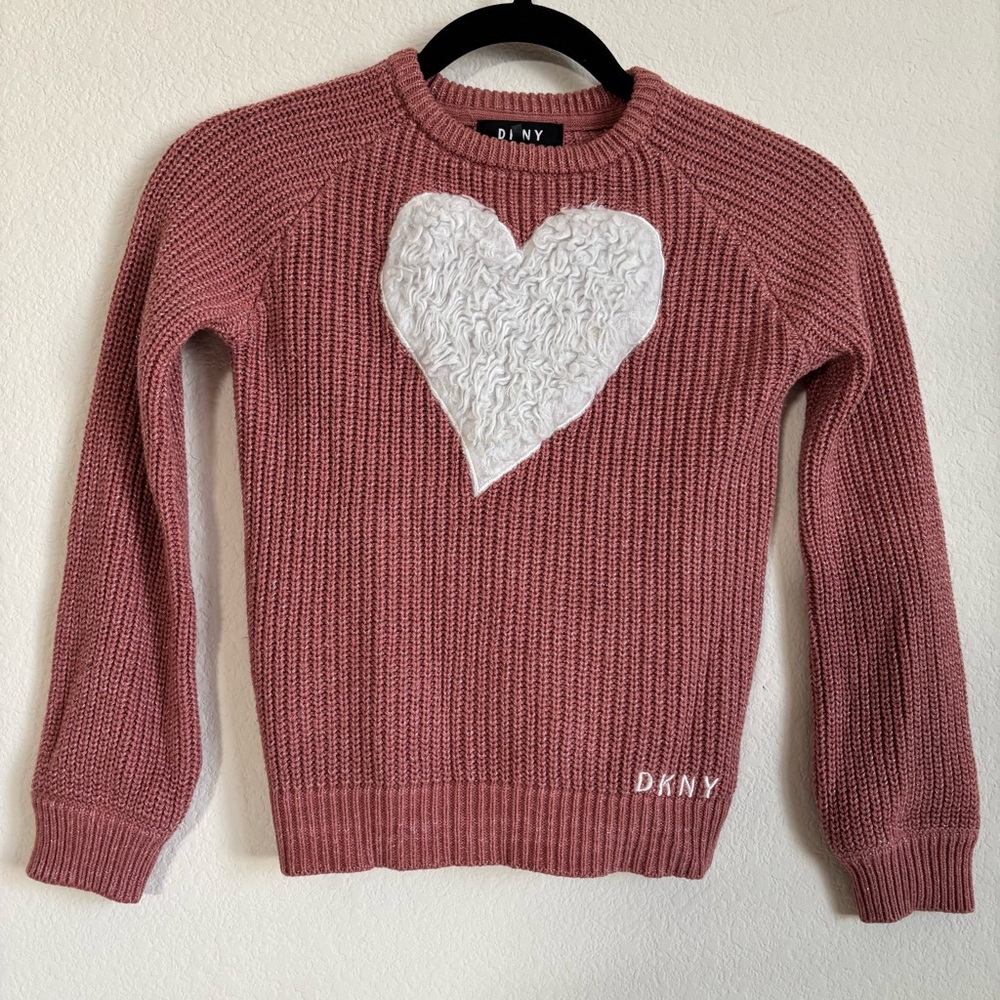 DKNY Kids Sweater Faux Fur Heart Dusty Rose Color With Shimmer Size s